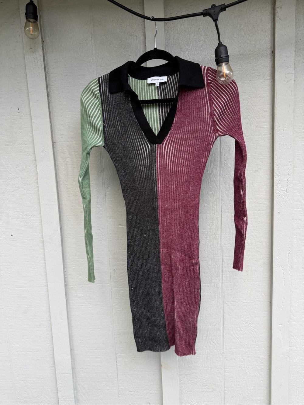 Amorology Colorblock Ribbed Mini Dress with Collar - Green, Gray & Burgundy